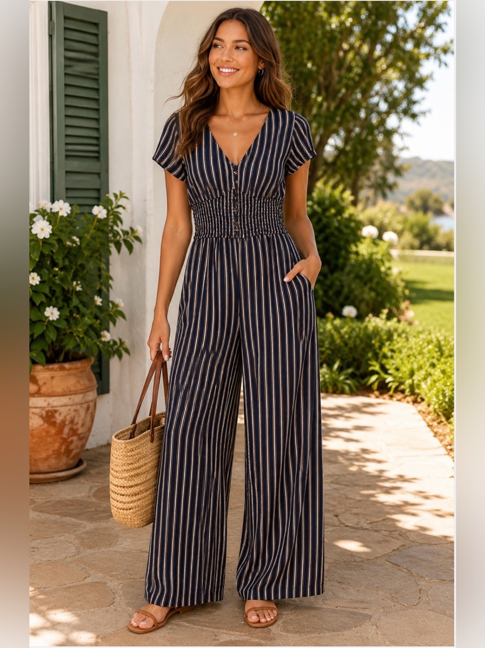 Hollister Navy Striped Wide Leg Jumpsuit Smocked Waist Resort Boho Size XS